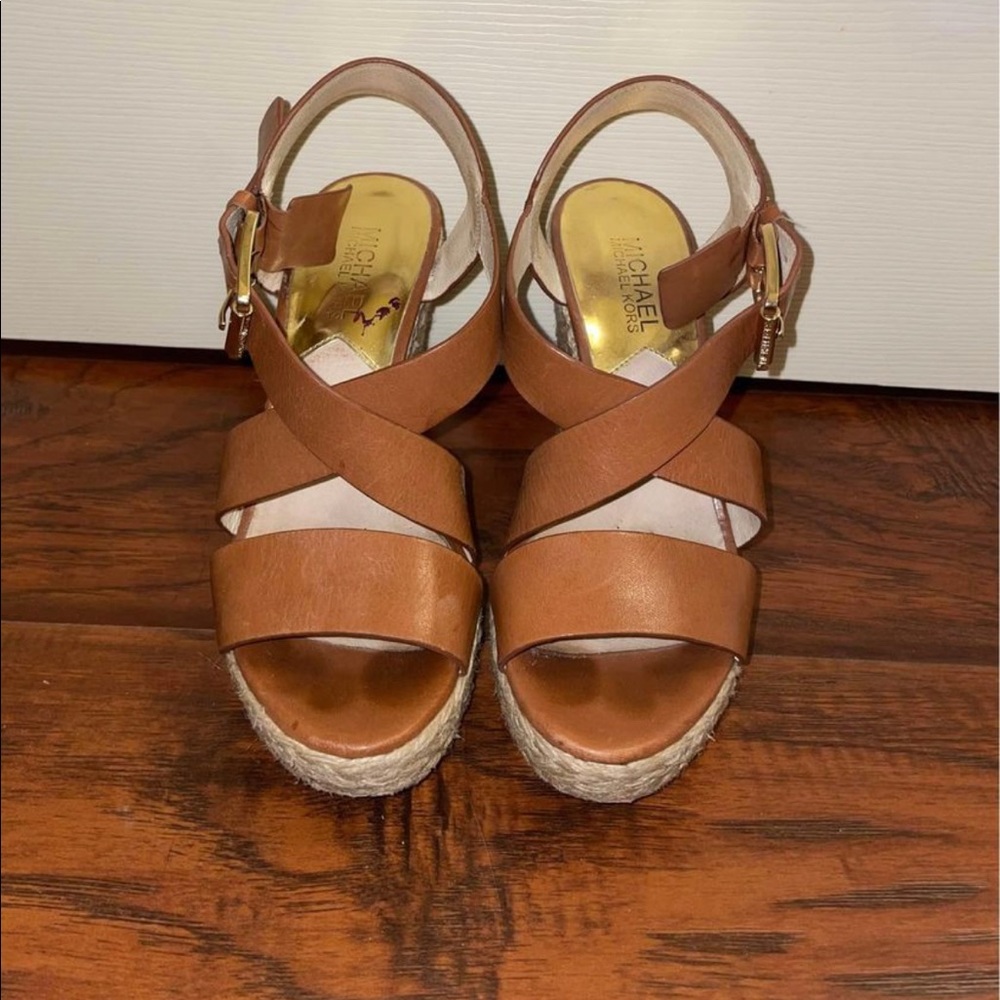 Michael Kors Celia Brown Open Toe Wedge Sandals